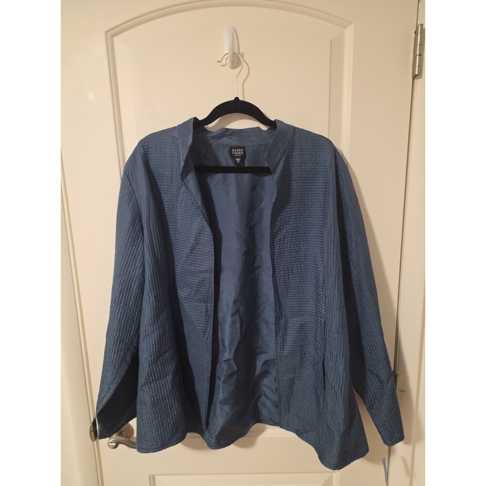 Eileen Fisher French Blue Crinkled Textured Silk Open Jacket 1X Artsy Lagenlook